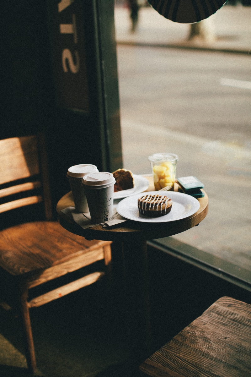 wood - material, coffee shop, coffee table, coffee, chairs, drink, glass, indoors, mug, cake, seats, still life, ceramic, freshness, 5K, restaurant, contemporary
