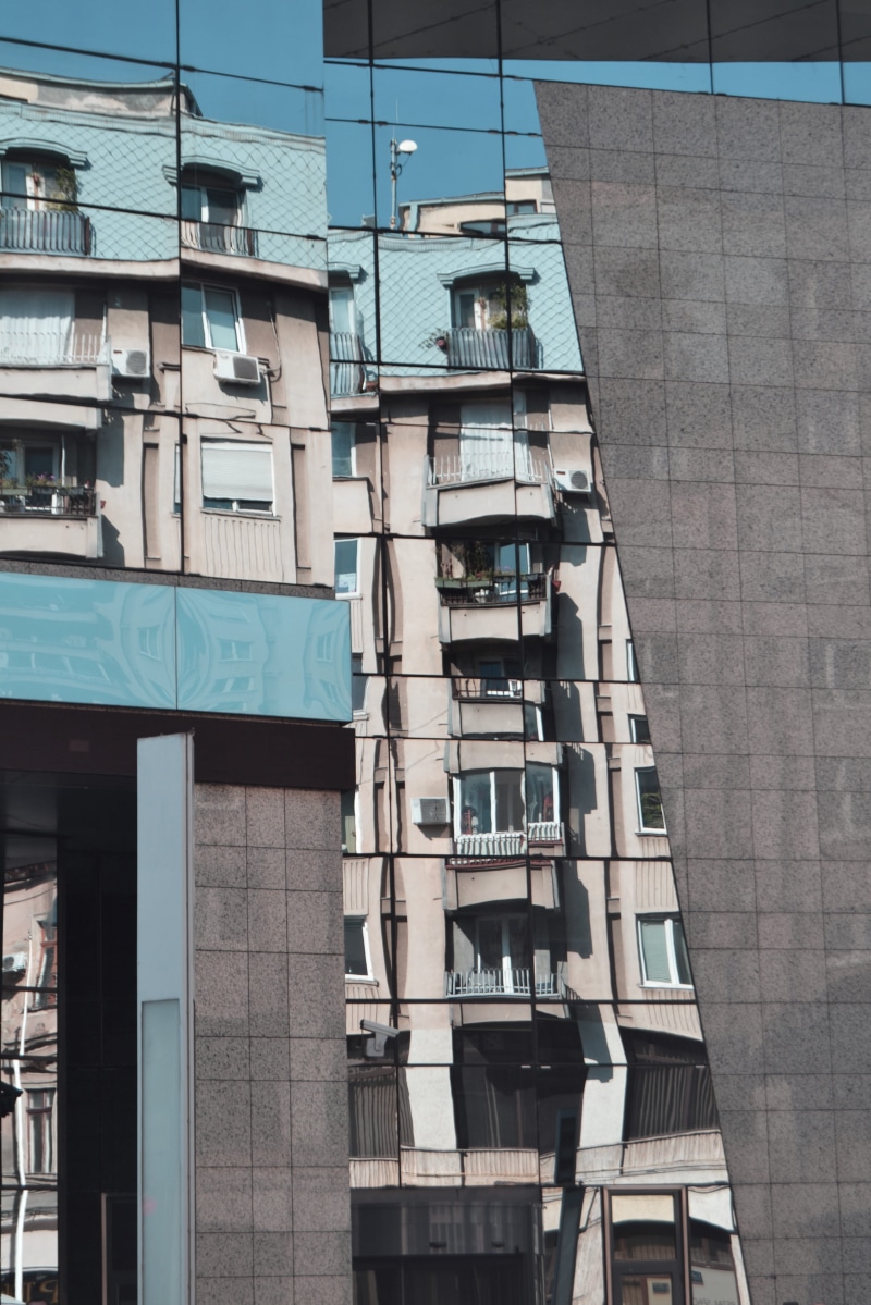 mirror, apartment, glass - material, deformation, window, built structure, skew, fire escape, outdoors, 4K, blue, nature, full frame, building, architecture