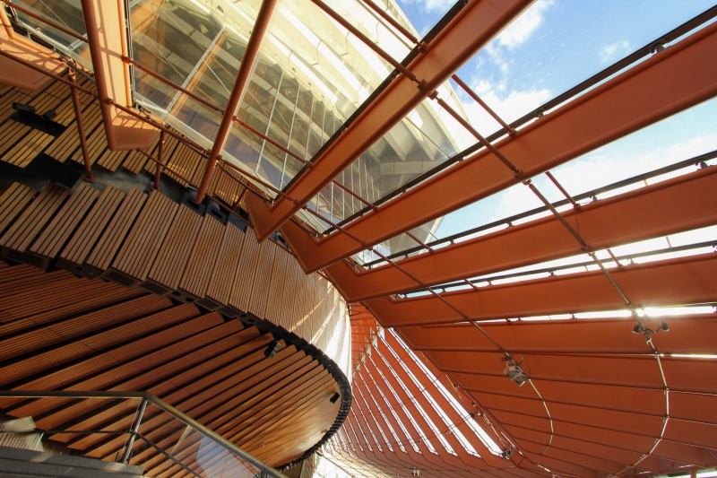 angle, built structure, sunlight, architecture, lighting equipment, industry, roof beam, ceiling, corrugated, nature, indoors, monument, asymmetry, day
