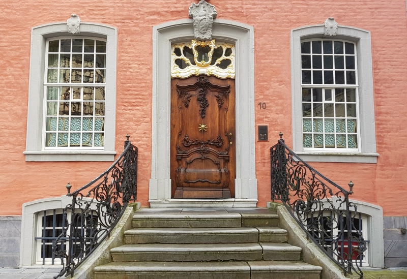 no people, home, gold plating, building, house entrance, brick, front door, red, monschau, safety, museum, entrance, brown, built structure, germany, steps and staircases