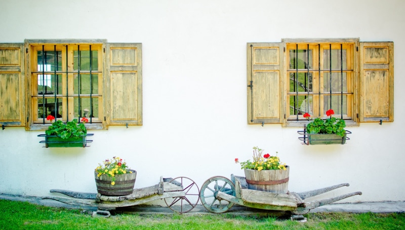 1080P, running karre, idyllic, built structure, house facade, day, wall - building feature, grass, can, wood shop, wall, flower, seat, wooden barrow, nature