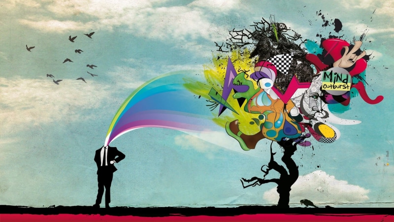 sky, rainbow, flying, water, abstract, trees, cloud - sky, outdoors, art and craft, representation, kite - toy, standing, colorful, bird, nature, childhood