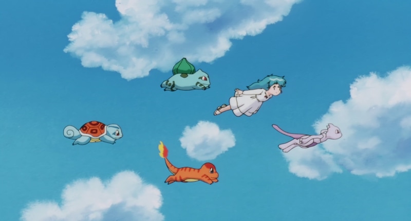 Starter Pokemon, Pokémon: The First Movie, mid-air, Movie, Squirtle (Pokémon), sky, day, air vehicle, transportation, cloud - sky, Bulbasaur (Pokémon)