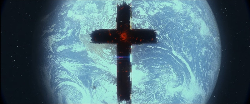 outdoors, sign, blue, guidance, seth ickerman retro style turbo killer carpenter brut spaceship cross earth damaged film effect, close-up, motion, built structure