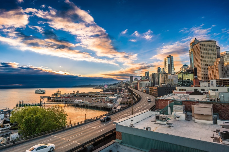 transportation, travel, architecture, downtown, Sky, building, night, pacific, cityscape, river, uSA, urban Scene, cloud - sky, near, landscape, outdoor