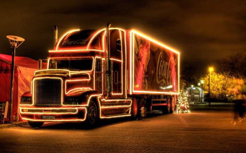 mode of transportation, 2K, no people, glowing, trucks, night, truck, motion, cola, illuminated, land vehicle, lighting equipment, transportation, New Year