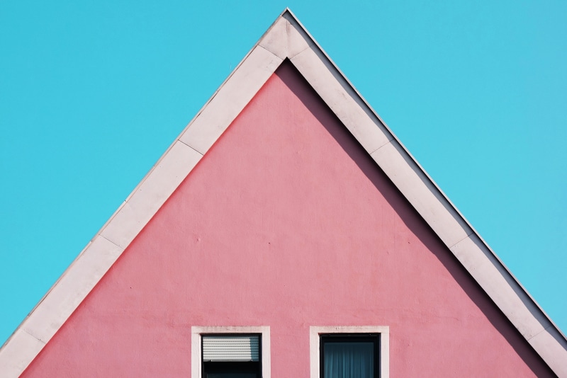 close-up, sunny, pink, painted, sky, closeup, day, red, house, outdoors, building Exterior, pattern, architecture, pink color, roof, shape, photo, window