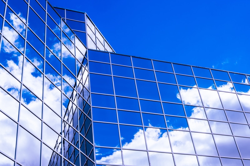 glass windows, architecture, office, low angle view, glass panels, office building exterior, cloud - sky, blue sky, architectural design, windows, HD
