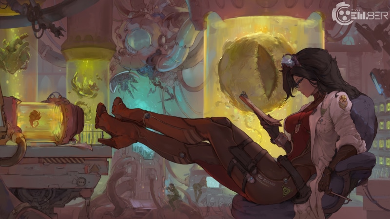 long hair, brunette, original characters, side view, women, sitting, science fiction, digital art, drawing, profile, legs crossed, laboratories, 2D, scientists