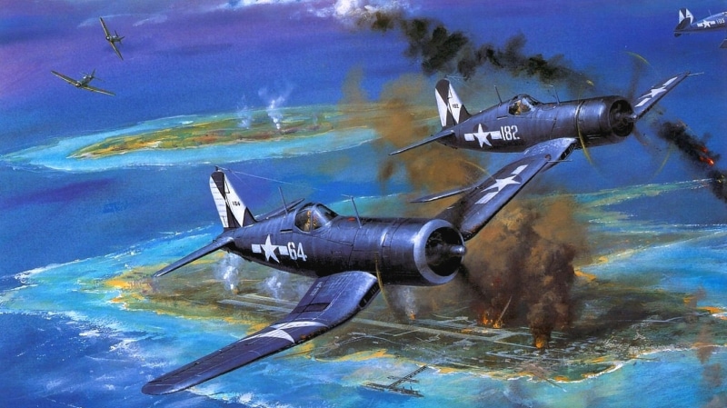 figure, 1080P, F4U " Corsair", aircraft, island, WW2, the sky, fighters, deck, single, fire, the airfield, art, American, smoke