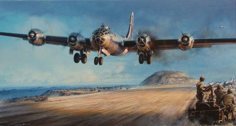 figure, the plane, 2K, the airfield, B-29, flame, smoke, landing, art, andquot;Superfortress, American, war, andquot;Boeingandquot;, bomber, damage