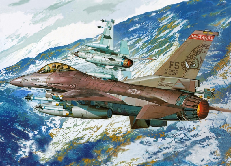 jet, fighter, art, brown, mountains, BBC, F-16, the plane, gray, aviation, illustration, 8K