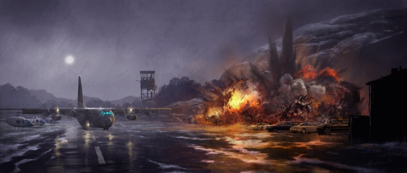 tower, machine, comic, the explosion, the plane, hangar, helicopters, flame, smoke, the sky, rain, the moon, Spider-man: the Return home, MARVEL, figure