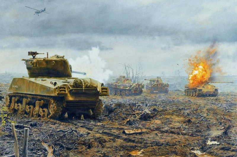 figure, the sky, field, 1944год, tanks, 1080P, France, the plane, andquot;Shermanandquot;, andquot;Panthersandquot;, WW2, flame, battle, fire
