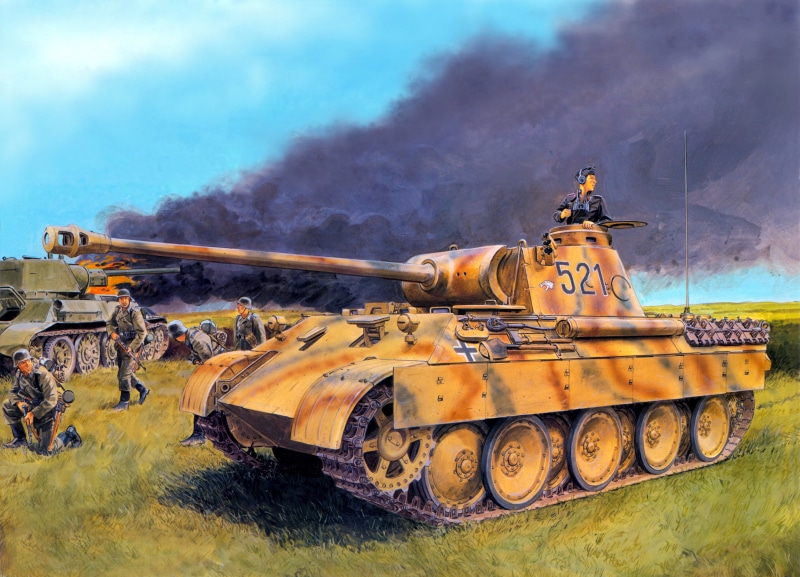 fire, German, art, smoke, 8K, flame, Panther, illustration, burning, tank, T-34-76, Panzerkampfwagen, panzer, The great Patriotic war, field, soldiers