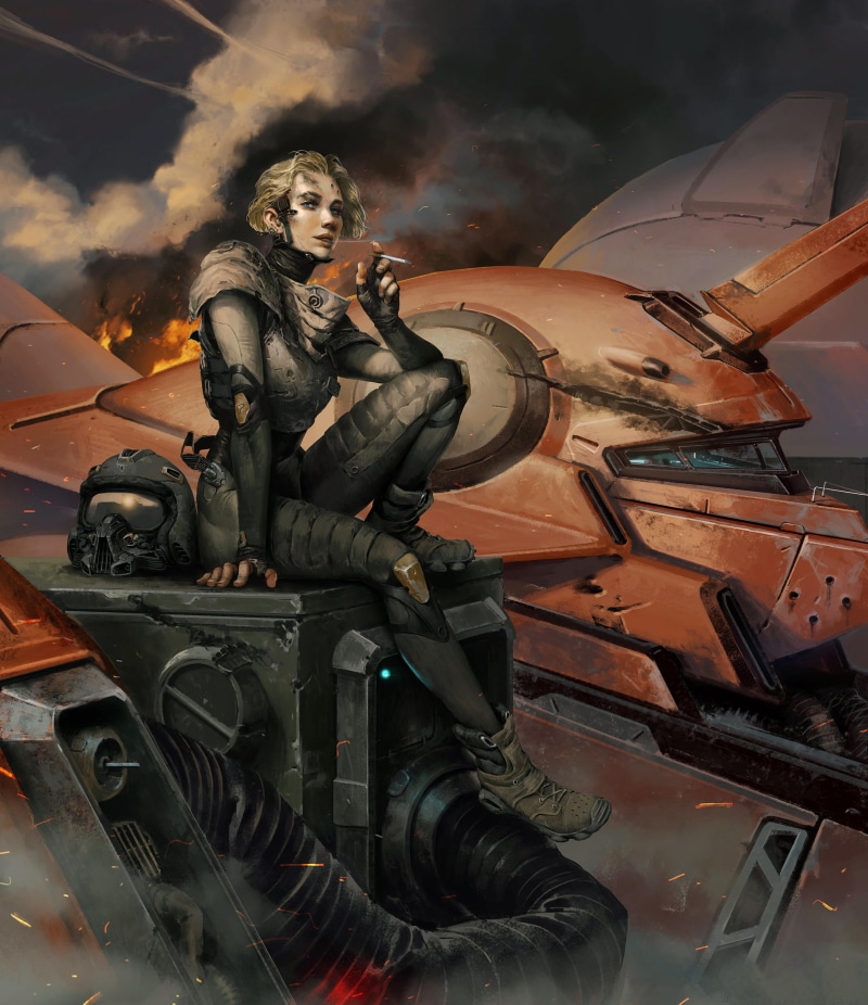 smoking, Thanh Tuan, short hair, science fiction, digital painting, smoke, futuristic, pilot, digital art, fire, drawing, 2D, blonde, 1080P, women, blue eyes