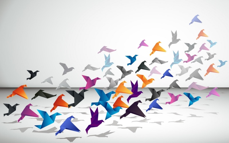 decor, mid-air, celebration, indoors, paper cranes, multi colored, studio shot, white background, origami, minimalism, flying, animal themes, 1080P, multicolored