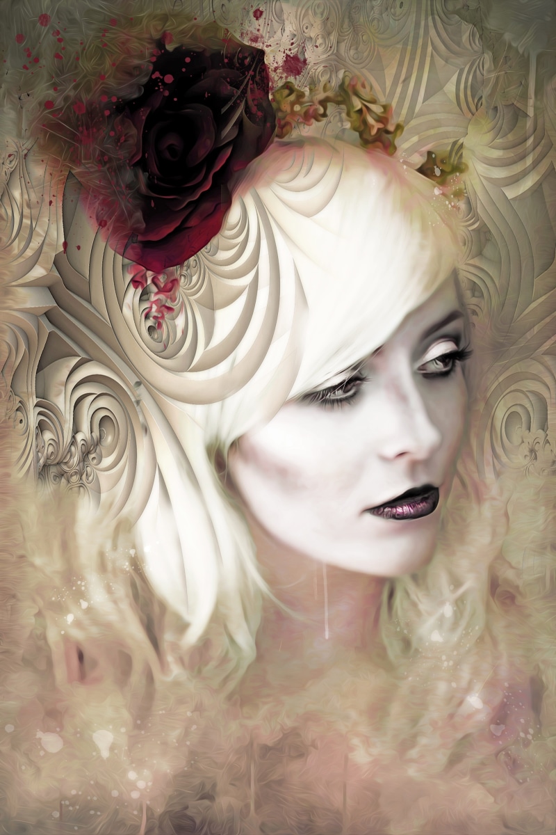 goth, beautiful woman, white, fashion, ink, flower, rose, beautiful, gothic, real people, flower arrangement, close-up, ethereal, young adult, indoors