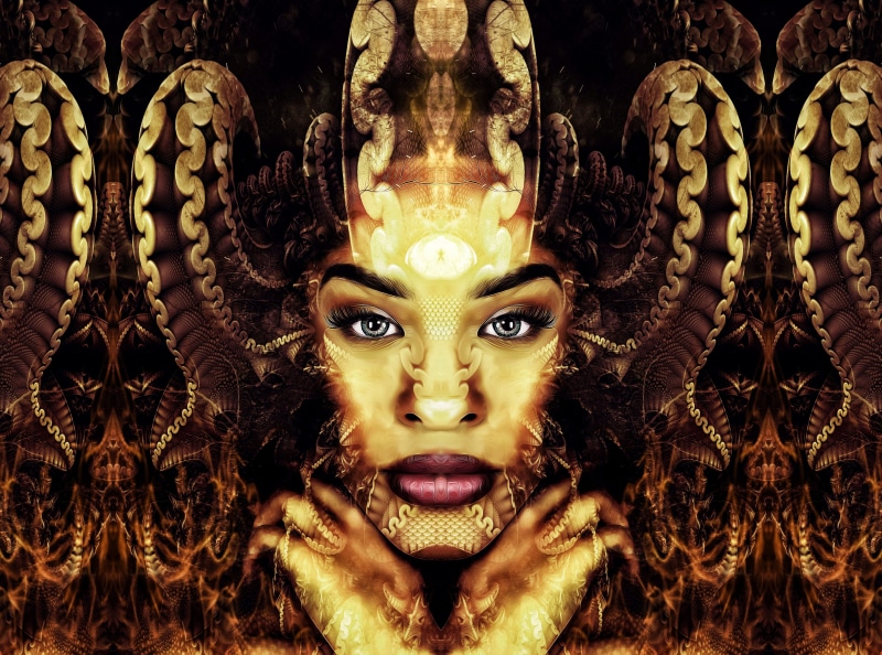 bizarre, woman, lovecraft, looking at camera, horror, dark, animal body part, headshot, female, art and craft, facial expression, mouth open, young, fear