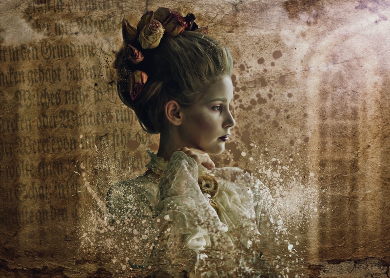 one person, 2K, looking away, dark design, females, offspring, old, human hair, headshot, vintage, child, dark, model, surreal, ghost, beautiful woman