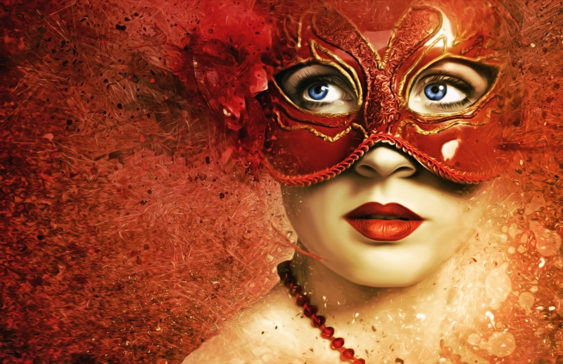 close-up, woman, surreal, jewelry, disguise, red, model, fantasy, body part, human body part, one person, gothic, portrait, 2K, make-up, mask - disguise