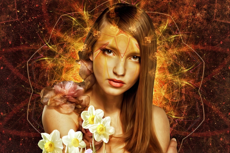 mother nature, long hair, headshot, 2K, petaled, female, looking at camera, woman, beautiful, girl, lady, art, gaia, young adult, dream, beauty, fashion