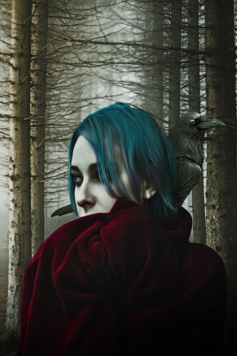 adult, dark fantasy, one person, teal, lifestyles, indoors, 4K, model, raven, hair, clothing, real people, young adult, woman, trees, haired, looking