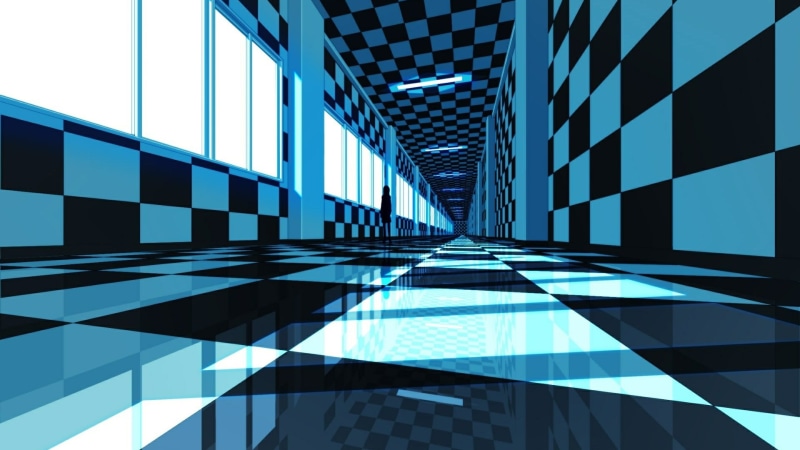 line, modern, grid, digital art, building exterior, square, skyscraper, reflection, blue, graphics, design, anime art, day, corridor, window, built structure