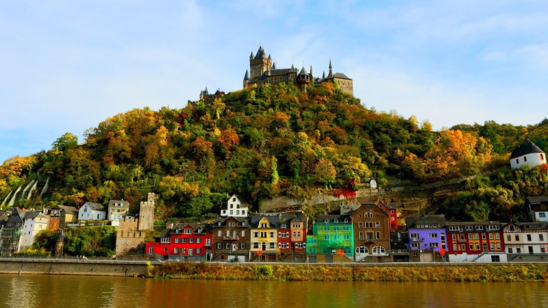 built structure, architecture, tree, nature, 2K, water, hills, tower, the past, place of worship, building, Rhein, sky, color, change, ancient, waterfront