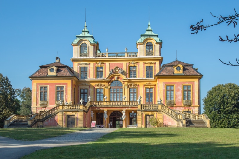 baden württemberg, mansion, history, castle, concrete, ludwigsburg germany, the past, ornate, building exterior, plant, blue, luxury, park, pink, yellow