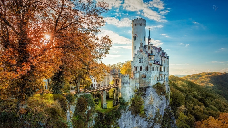 landscape, fall, HDR, nature, architecture, tower, Germany, Lichtenstein Castle (Württemberg), cliff, forest, sunlight, bridge, trees, castle, building