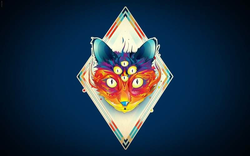 still life, blue background, logo, cat, copy space, teal, blue, animal representation, design, six, multi colored, toy, surreal, close-up, studio shot