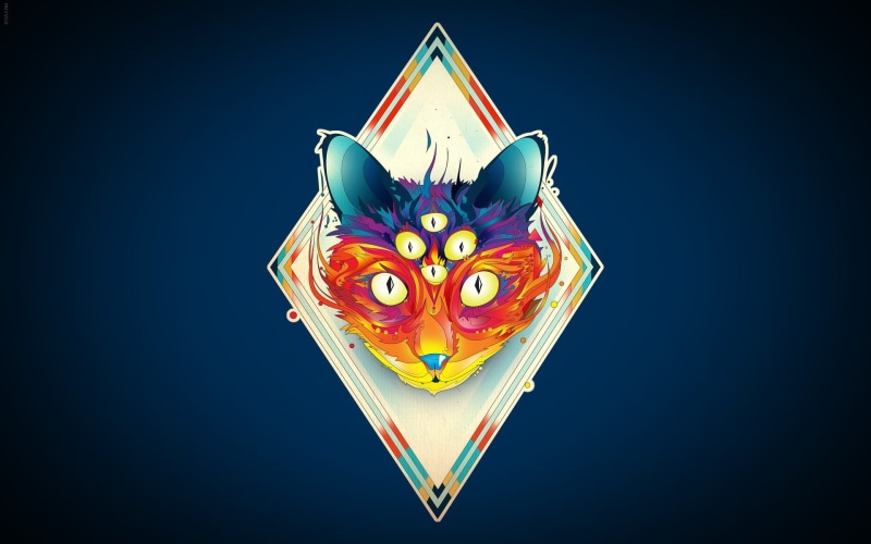 1080P, surreal, artwork, Matei Apostolescu, blue background, cat, colorful, eyes