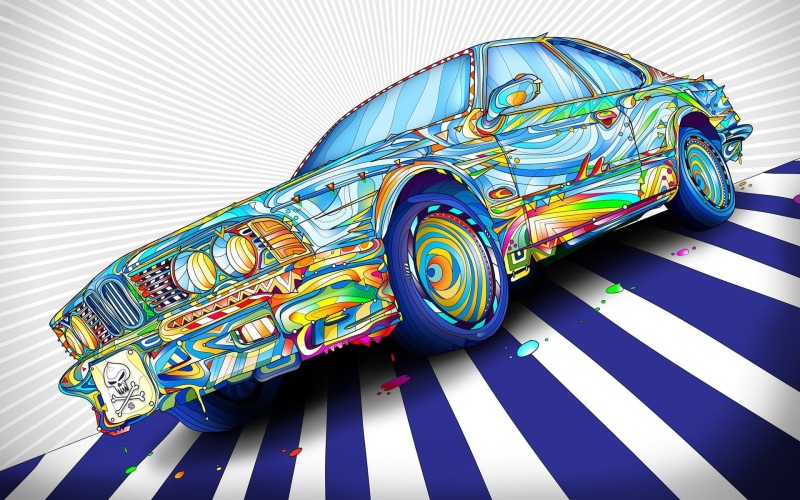 digital art psychedelic colorful lines car bmw wheels paint splatter skull and bones artwork matei apostolescu, 1080P