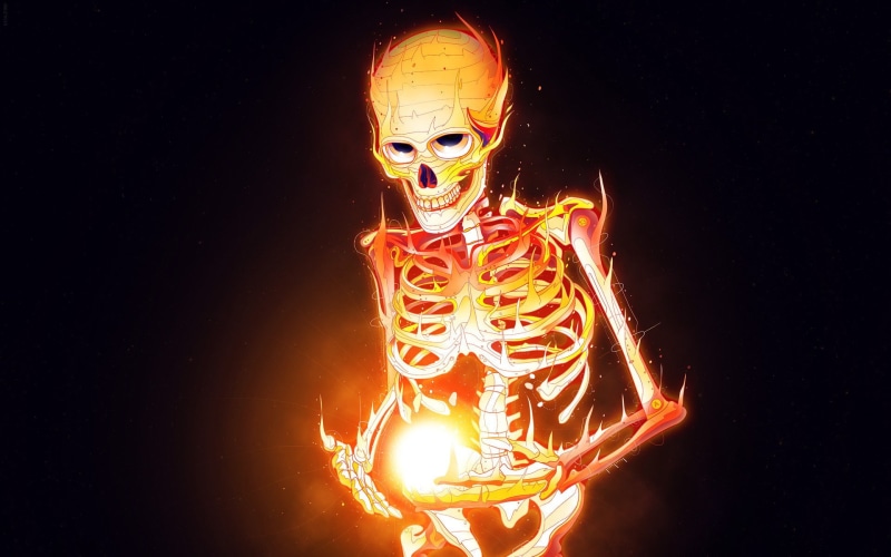 fire, digital art, Matei Apostolescu, skeleton, 1080P