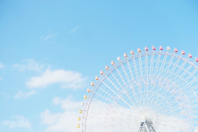 copy space, white, photography, amusement ride, ferris wheel, spoke, architecture, low angle view, blossom, flower, theme park, machine, semi-circle, nature