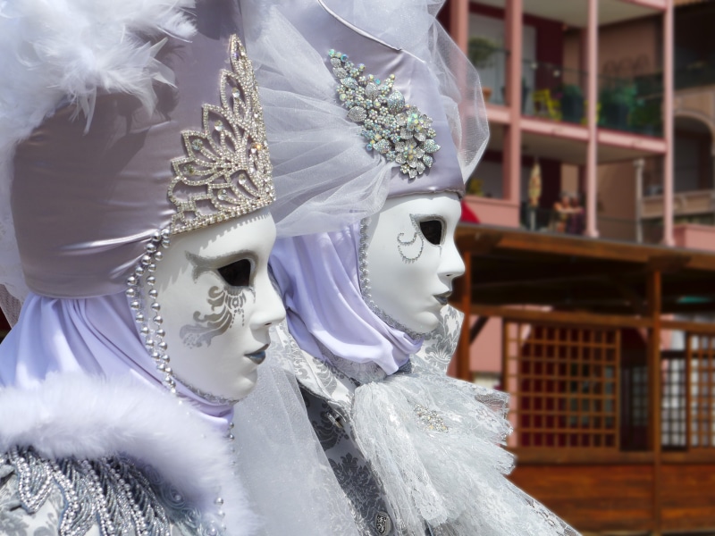 female likeness, human representation, traditional clothing, masks, venice Carnival, blue, art and craft, day, 2K, st. Marks Square, hat, representation