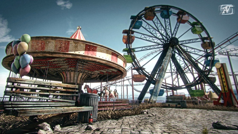 carnival, traveling carnival, clear sky, real people, carnivals, 1080P, arts culture and entertainment, fun, architecture, balloon, ferris wheel, ruin