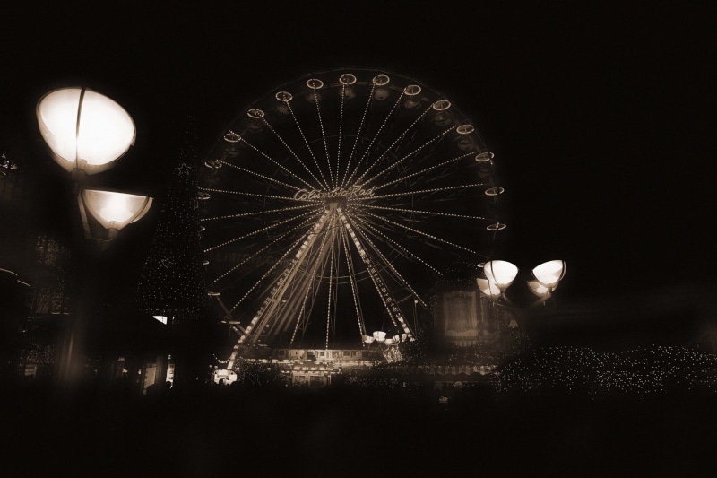 ferris wheel, traveling carnival, nature, arts culture and entertainment, shape, lighting equipment, circle, nightlife, sepia, amusement park, glowing