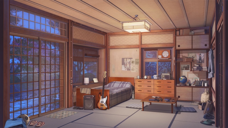 anime, visual novel, digital art, light effects, guitar, Money, room, ArseniXC, 1080P, artwork, Love, lamp, Background Art, RocknRoll