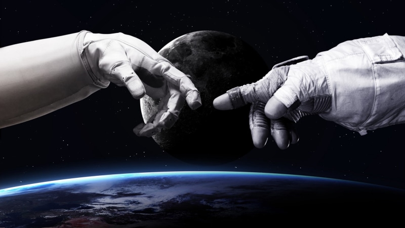 Moon, The Creation Of Adam, 1080P, Creation, Vadim Sadovski, Space, Suit, Costume, Art, The moon, by Vadim Sadovski, The suit, Space Suit, Stars, Earth