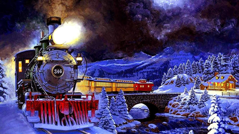 painting, light, 1080P, snow, night, winter, train, trees, moving