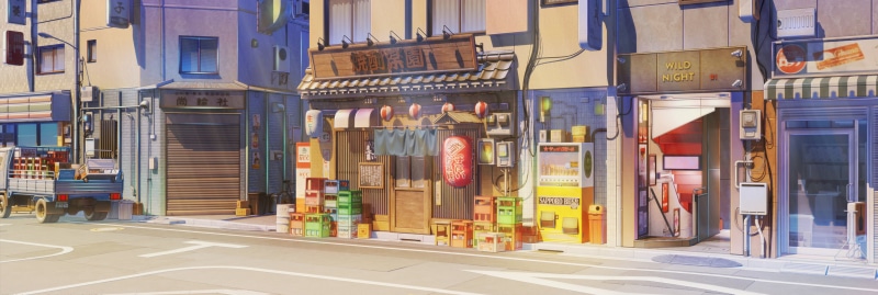 visual novel, street, shop, RocknRoll, Background Art, Money, Japan, 2K, daylight, landscape, sunlight, Love, ArseniXC