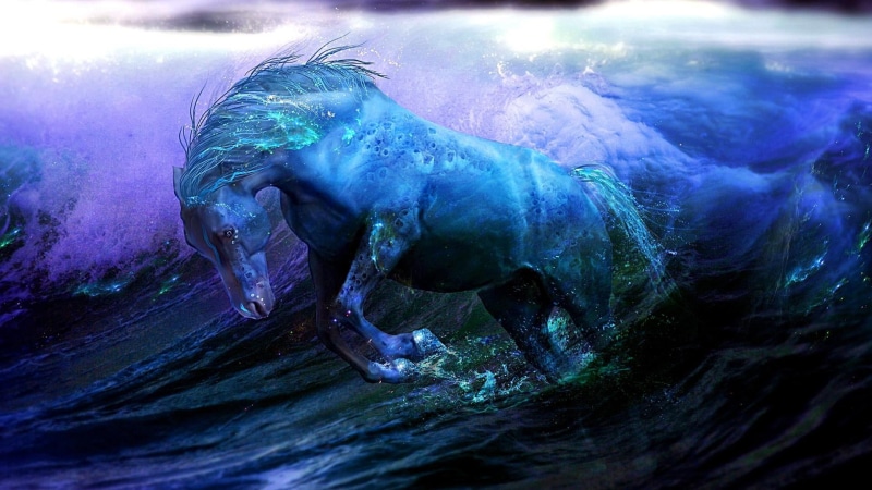 underwater, undersea, artistic, animal, no people, water, magic, indoors, blue, close-up, painting, animal wildlife, animals in the wild, horse, mythology
