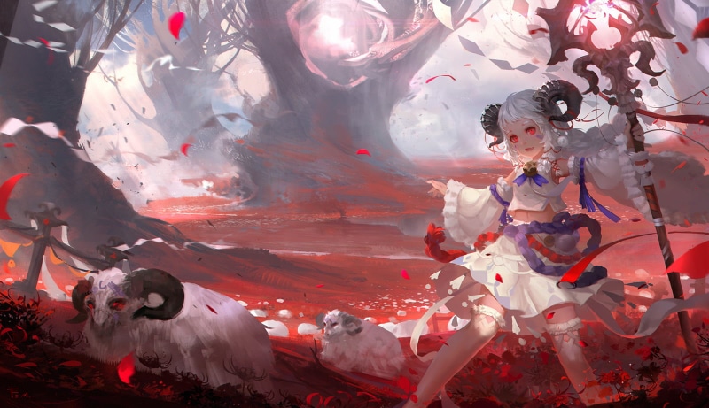 fantasy girl, illustration, horns, red eyes, fantasy art, white tops, ram, dark fantasy, original characters, forest, white clothing, knee-highs, anime girls