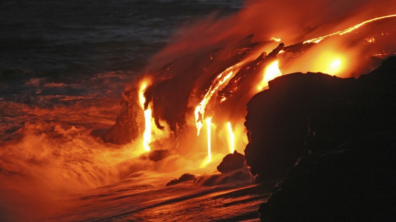 outdoors, breaking, water, orange color, volcanic eruption, burning, 1080P, land, sea, heat - temperature, eruption, power in nature, kīlauea iki, united states