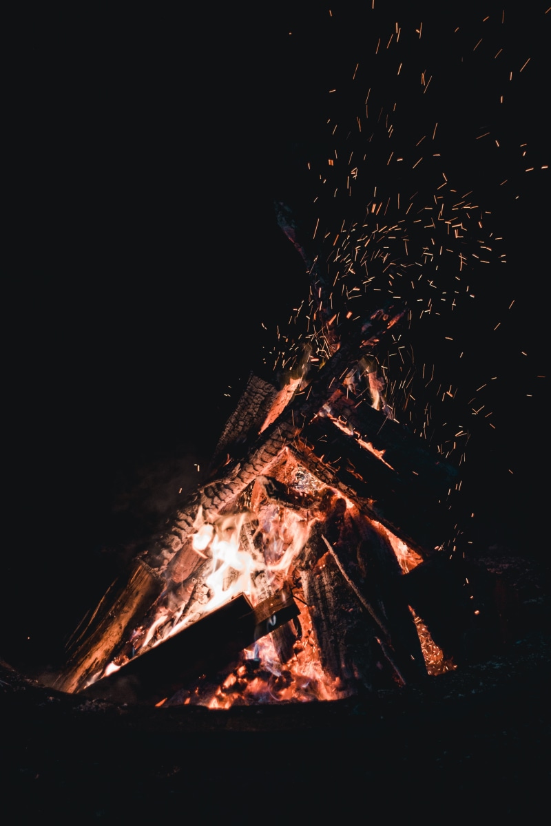 nighttime, cooking, flame, orange, dark, warm, log, campfire, wood, sparks, glowing, long exposure, cool background, fire, motion, copy space, hot, firewood