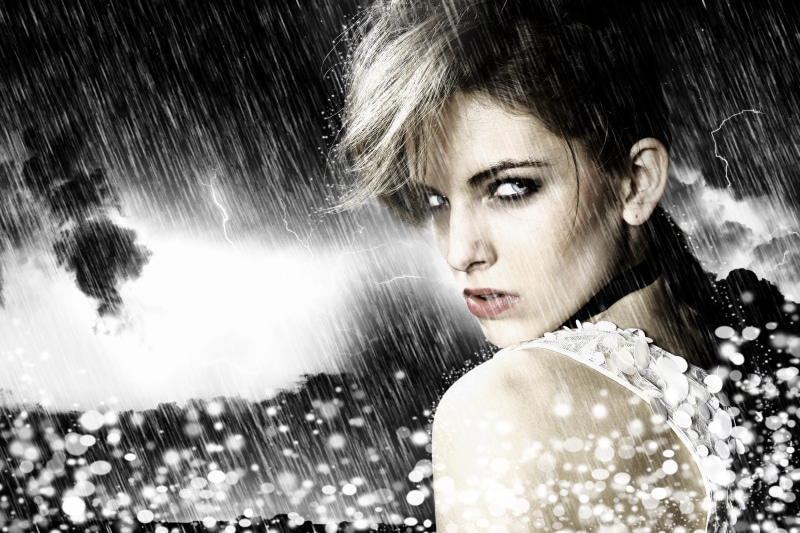 looking at camera, human body part, nature, hair, rain, fantasy, motion, adult, beautiful people, glamour, snow, wet, young adult, hairstyle, one person