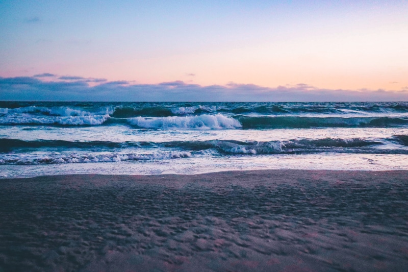 tranquil scene, tranquility, motion, power in nature, sky, land, sunrise, scenics - nature, outdoors, landscape, sea waves, sunset, venice beach, beach