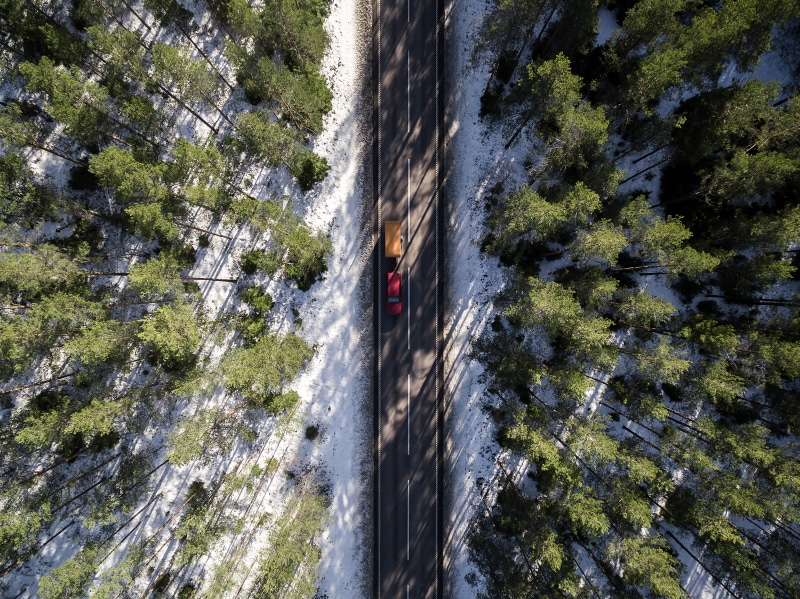 forest, car, snow, drone photo, aerial view, trees, 5K, hindcarriage, road, sunlight